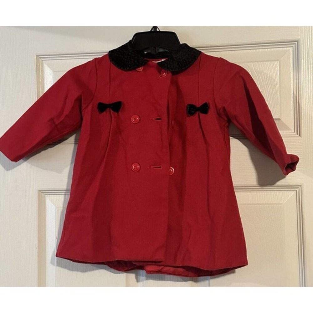 Parisian 24m Red Wool Pea Coat Black Velvet Bow Jacket Warm Double‎ Breasted